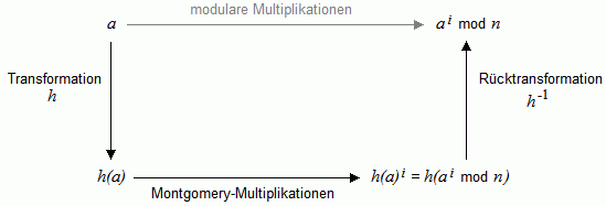 Bild 1: Berechnungsschema der modularen Exponentiation mithilfe von Montgomery-Multiplikationen